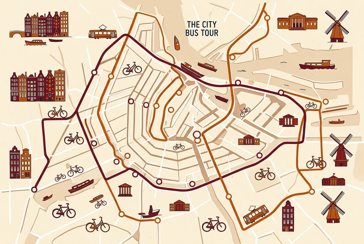 Mapa simples mostrando os principais postes de embarque do hop on hop off em Madrid perto de Sol, do Palácio Real e do Museu do Prado