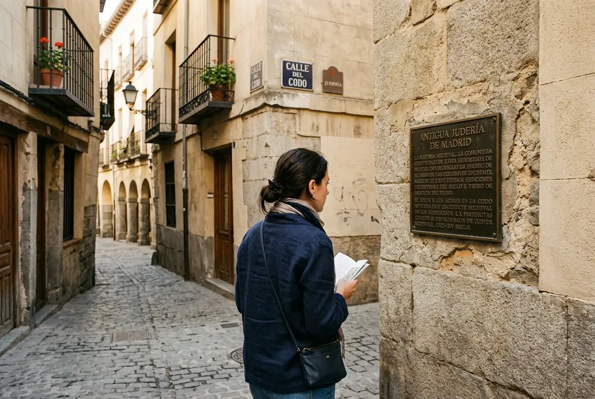 Traveler reading a small historical plaque on a quiet narrow street near Calle de la Ciudad Rodrigo during a jewish madrid tour