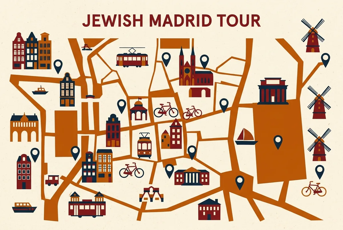 Simple historical map infographic marking the area around Calle de la Ciudad Rodrigo for a jewish madrid tour, generic pins and no prices