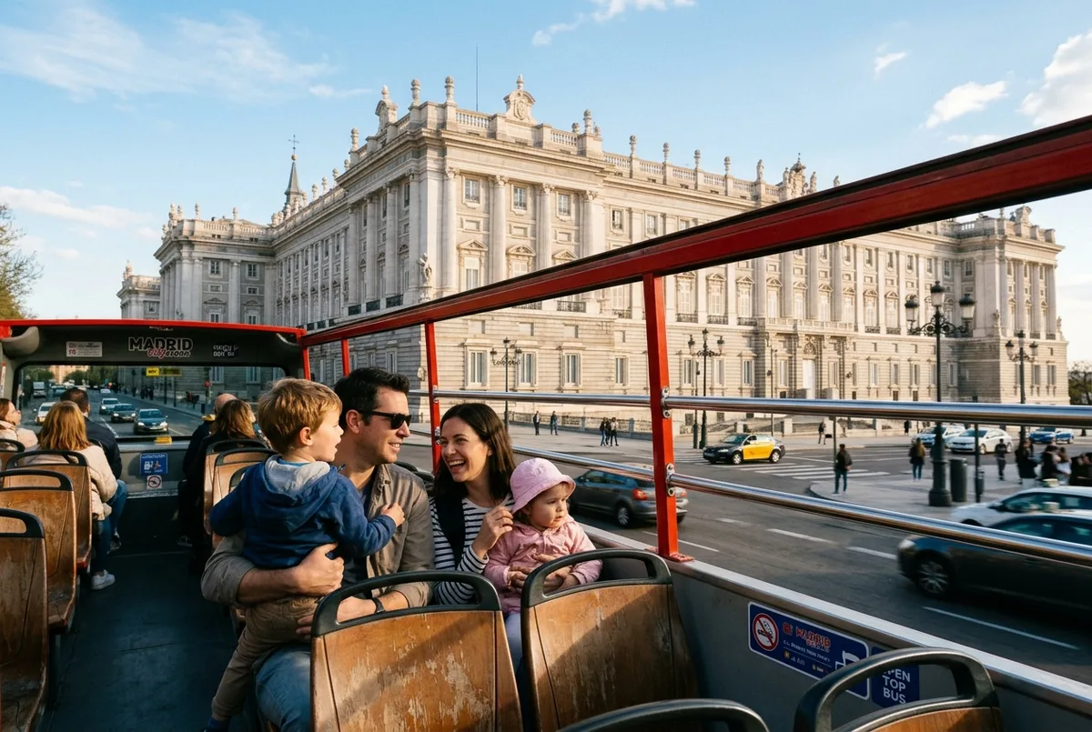 Familia con dos niños pequeños en la cubierta inferior del bus turistico madrid niños pasando frente al Palacio Real