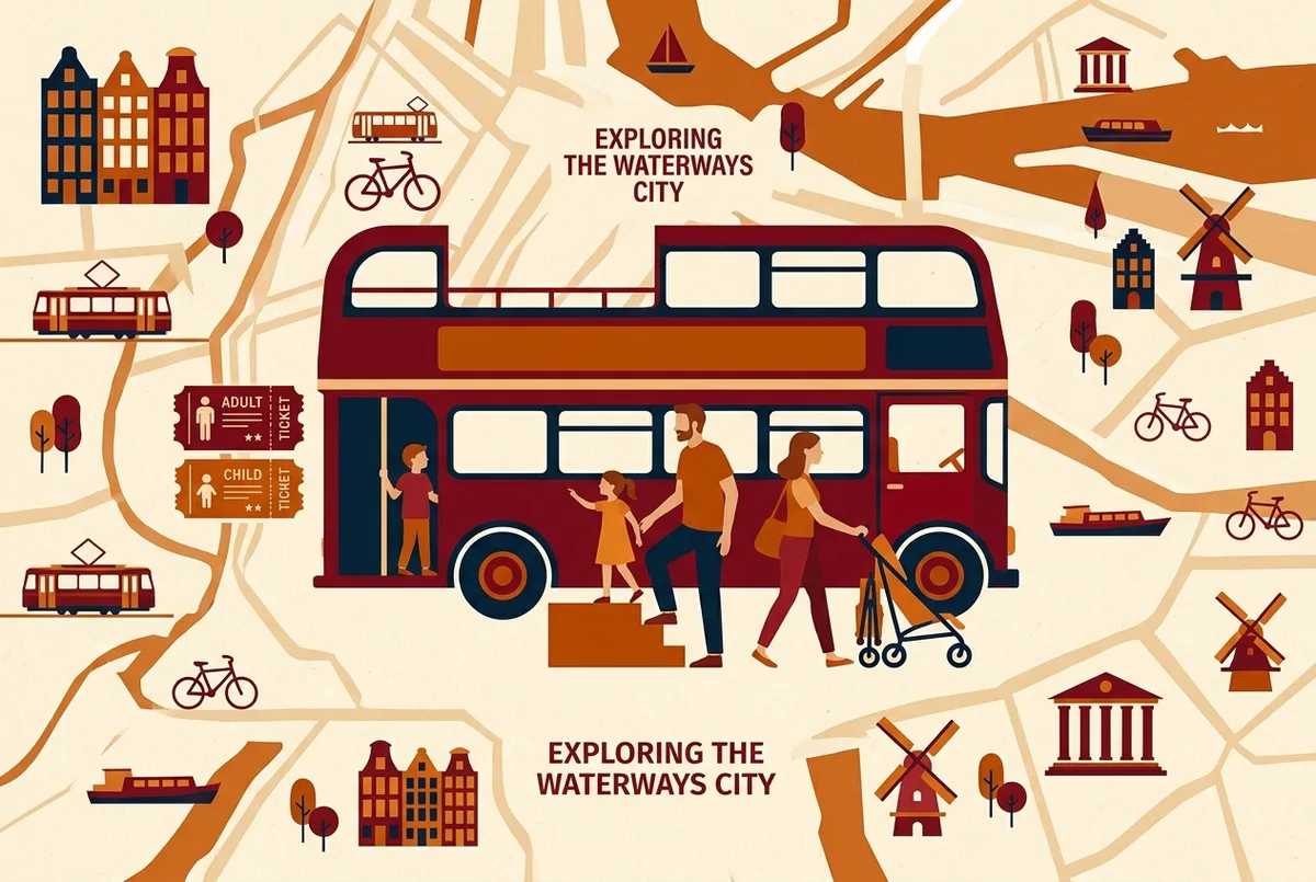 Infografía mostrando una familia del bus turistico madrid niños subiendo a la cubierta inferior con un carrito plegado junto a iconos genéricos de billete de adulto y de niño