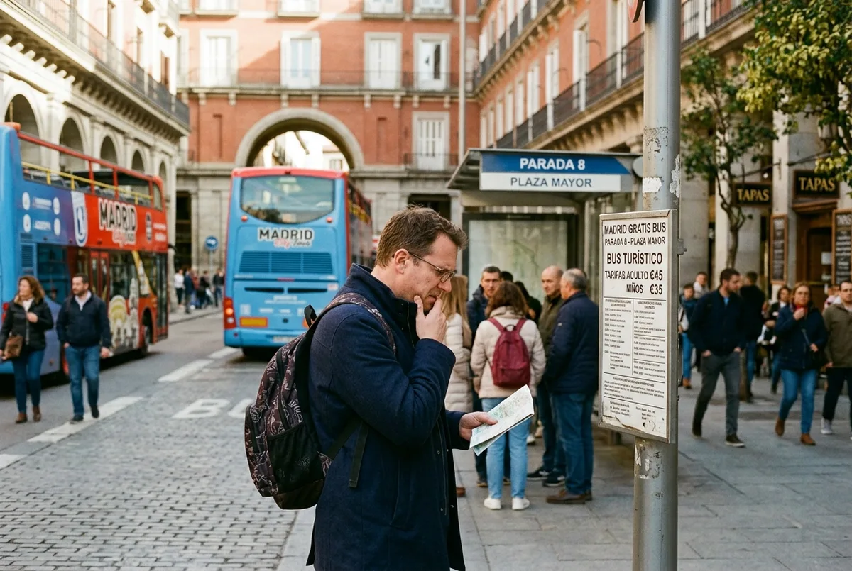 Turista mirando confundido un cartel de precios junto a una parada del bus turístico madrid gratis cerca de la Plaza Mayor