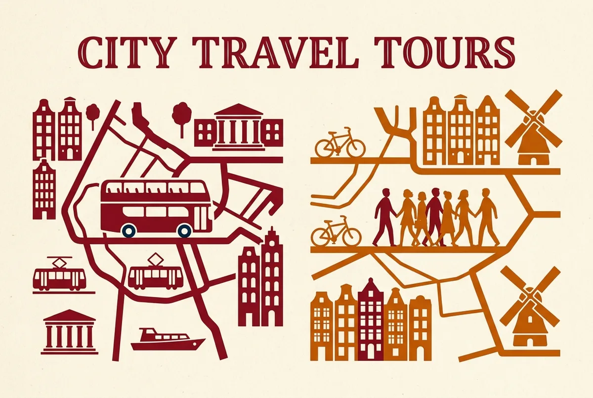 Infografía comparando el bus turístico madrid gratis de pago frente a un free tour a pie gratuito con iconos genéricos de autobús y grupo caminando