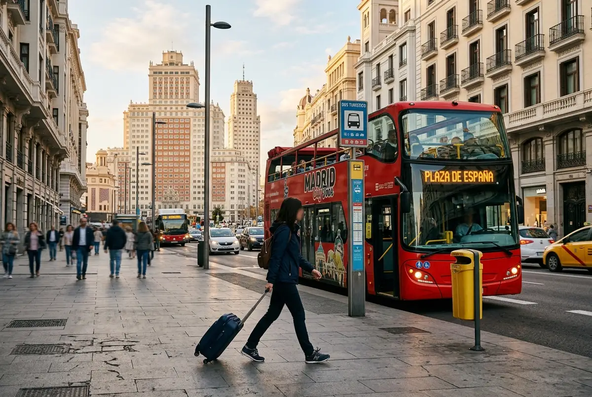 Turista con maleta pequeña caminando hacia la parada bus turístico gran vía junto a la Plaza de España con un autobús rojo de dos pisos esperando