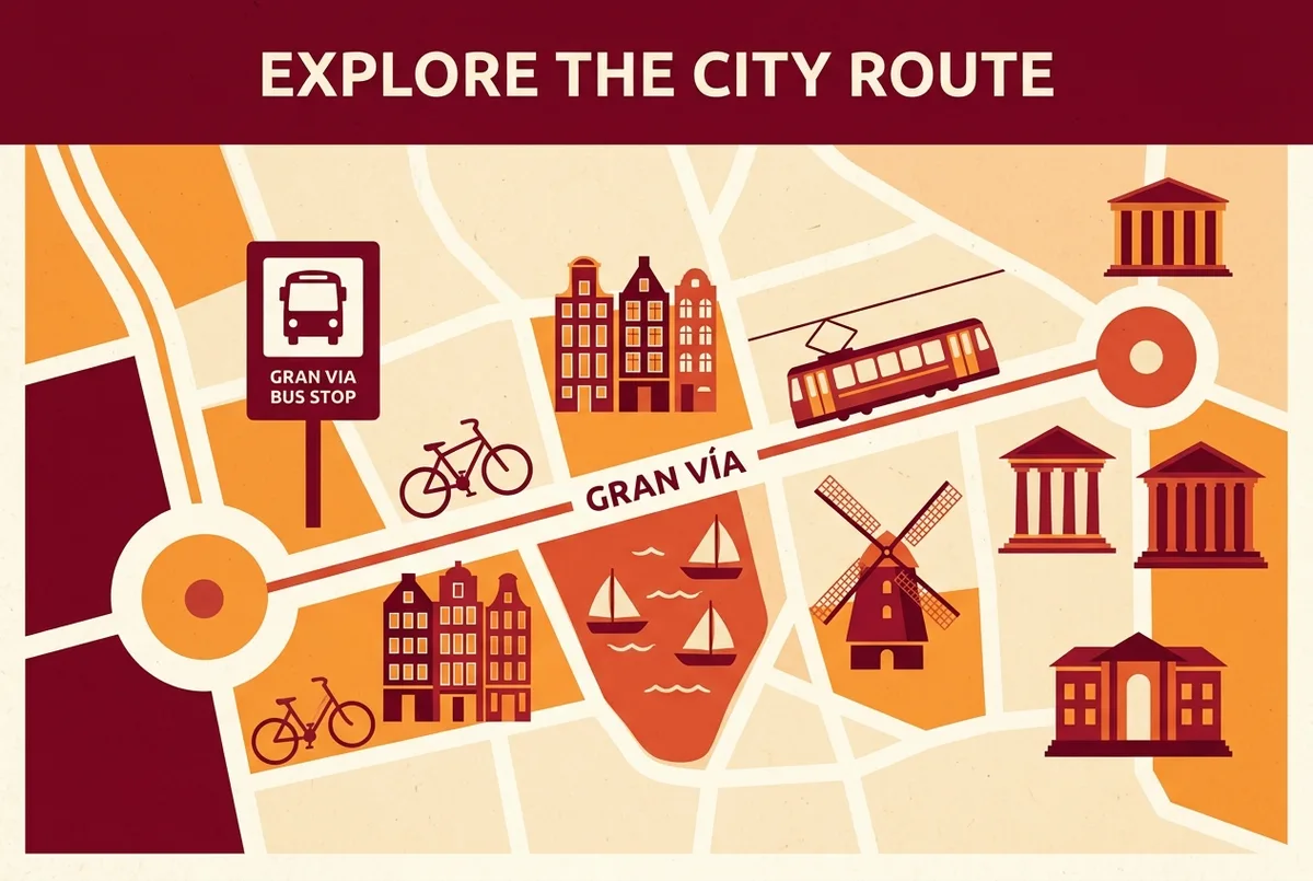 Mapa sencillo mostrando la parada bus turístico gran vía junto a la Plaza de España con Puerta del Sol y el resto de la avenida marcados con iconos genéricos
