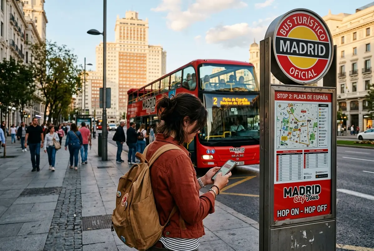 Turista comprobando un billete digital junto a la señal oficial de parada del bus turistico madrid oficial cerca de la Plaza de Espana