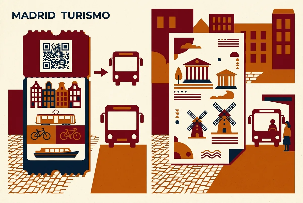 Comparacion visual entre un billete oficial con codigo QR y un folleto callejero generico cerca de una parada del bus turistico madrid oficial