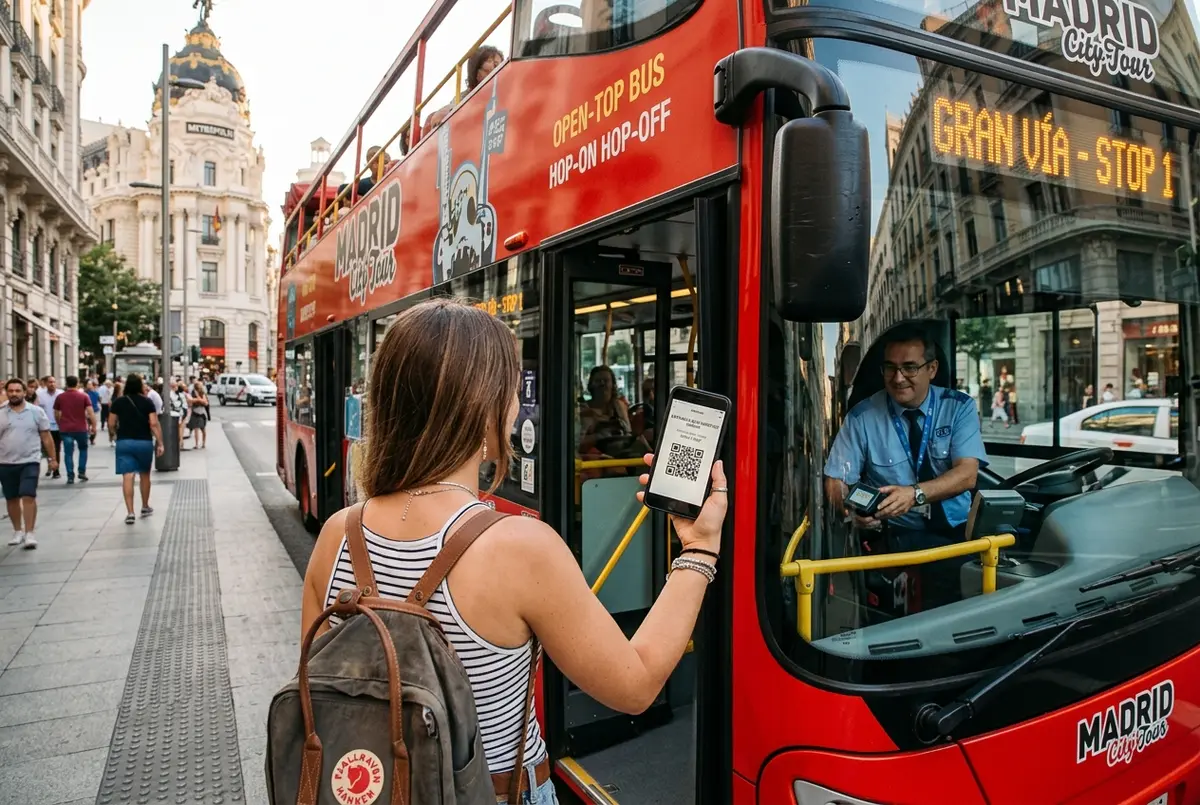 Viajero mostrando un código QR móvil de las entradas bus turistico madrid al subir a un autobús de dos pisos cerca de Gran Vía