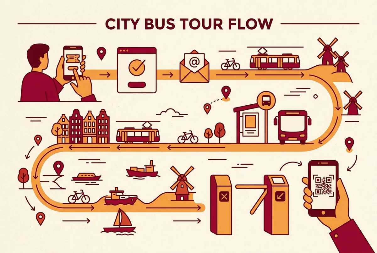 Mapa mostrando el flujo de compra de entradas bus turistico madrid desde la reserva online hasta el escaneo del código QR en un icono genérico de parada