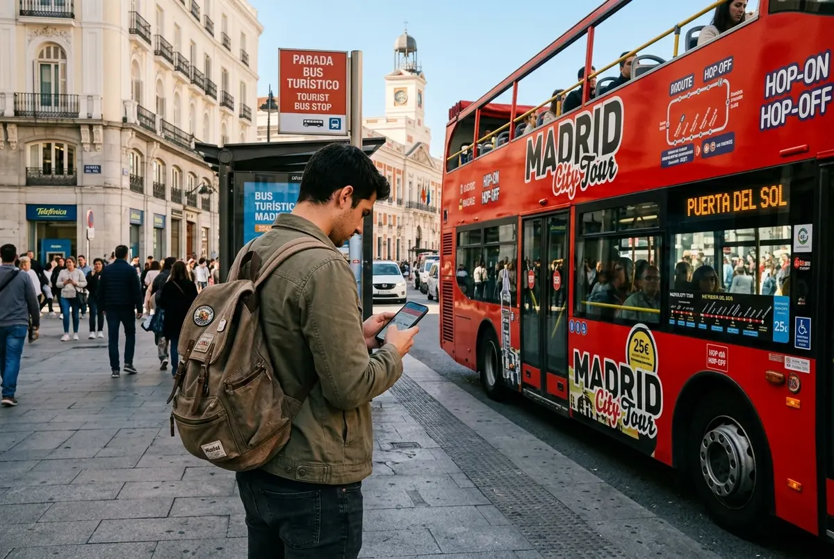 Viajero comprobando el precio del bus turistico madrid en el móvil junto a una parada de autobús rojo de dos pisos cerca de la Puerta del Sol al mediodía