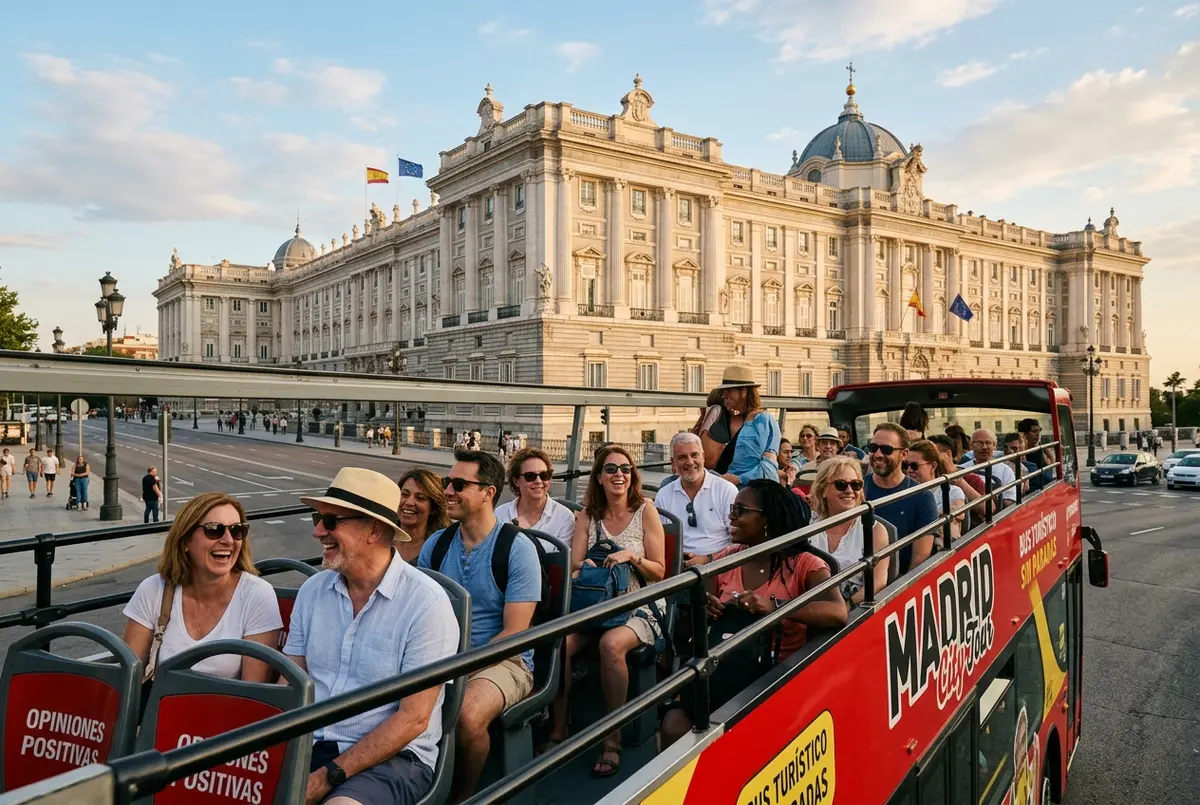 Grupo de turistas sonriendo en la planta superior descubierta de un bus turistico madrid opiniones positivas mientras pasa junto al Palacio Real