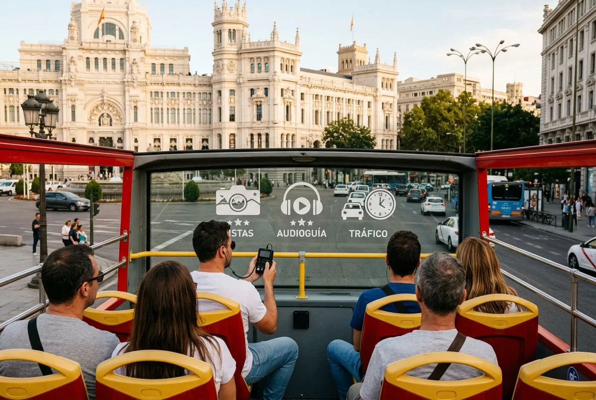 Gráfico simple mostrando aspectos valorados en las bus turistico madrid opiniones como vistas, audioguía y tráfico con iconos genéricos de estrella y reloj