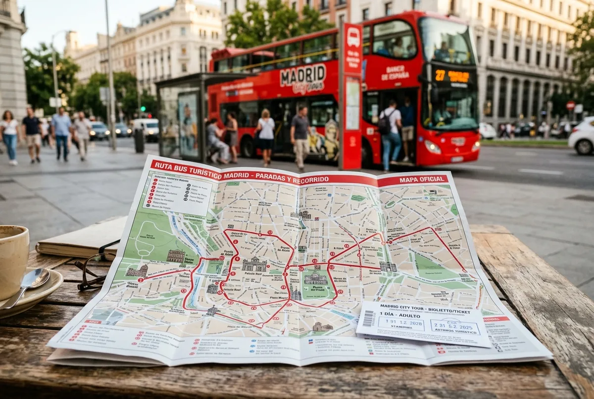 Mapa turístico desplegado sobre una mesa con la ruta bus turistico madrid marcada junto a un billete y una parada roja de dos pisos al fondo