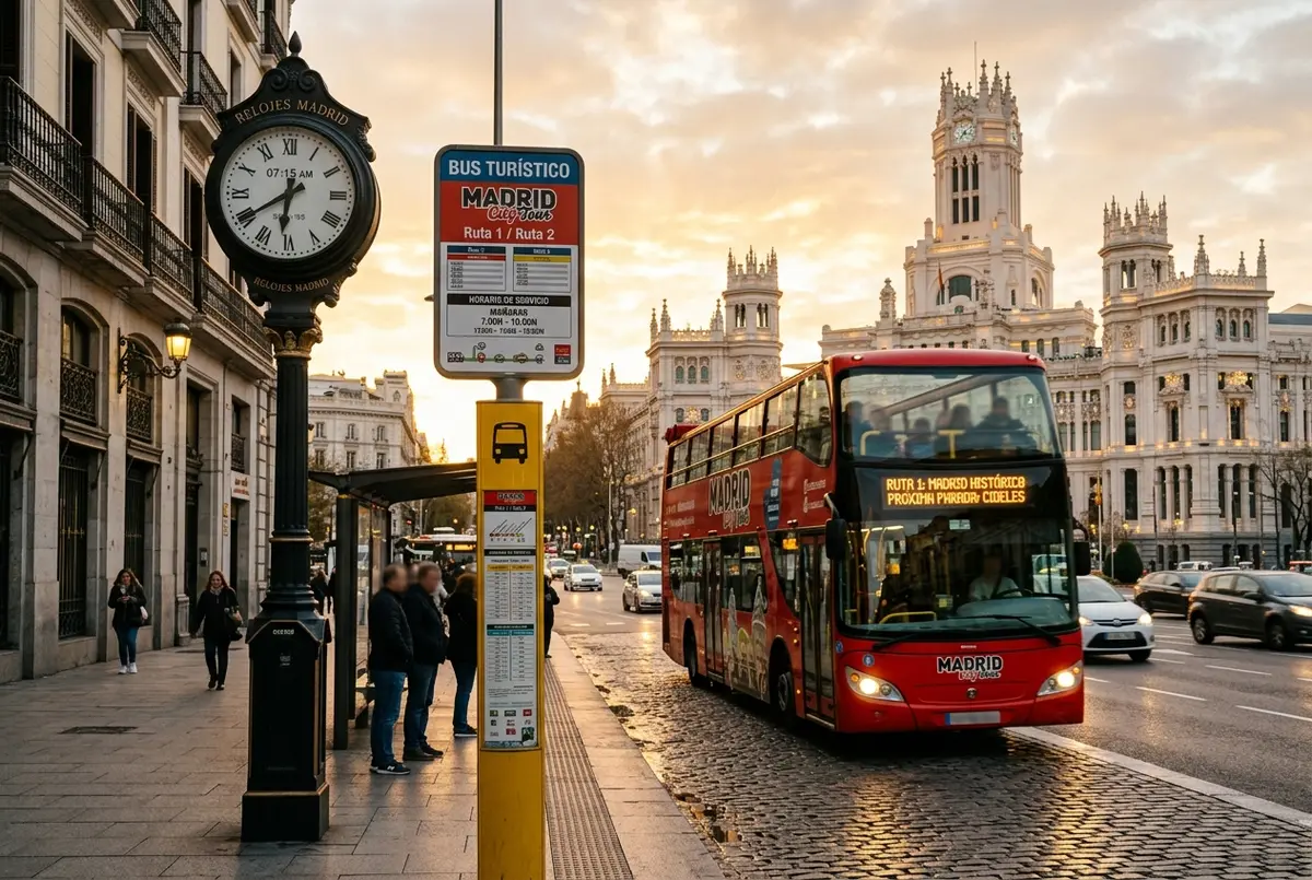 Reloj de calle junto a una parada del bus turistico madrid horario con un autobús rojo de dos pisos llegando al amanecer