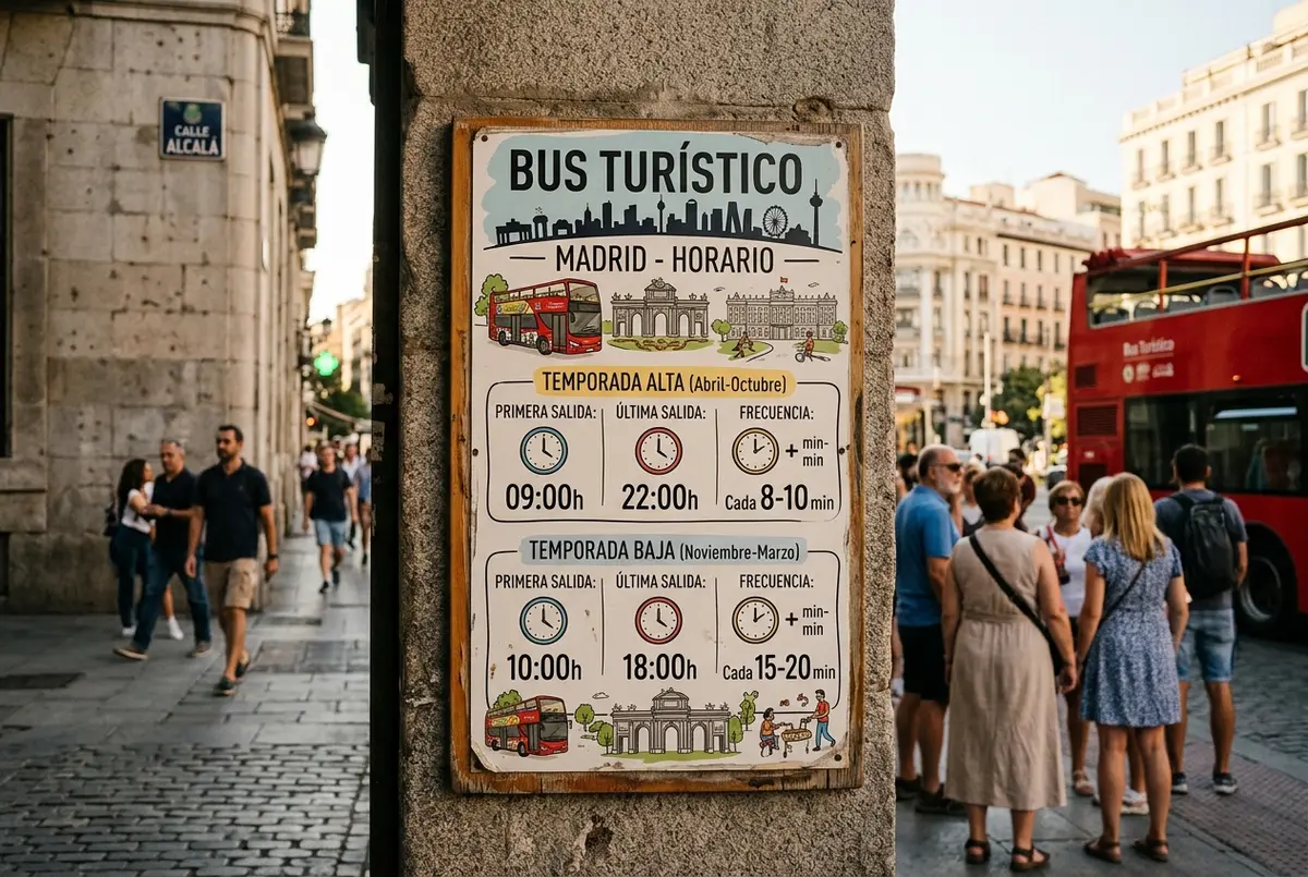 Tabla horaria ilustrada del bus turistico madrid horario mostrando primera salida, última salida y frecuencia con iconos de reloj genéricos