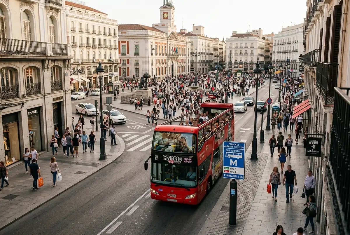 Vista aérea de una calle de Madrid con un cartel de parada del bus turistico madrid paradas junto a un autobús de dos pisos cerca de la Puerta del Sol