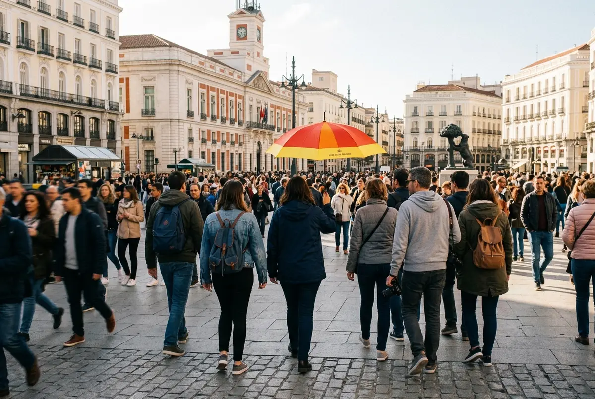 Small group of travelers following a guide holding a colored umbrella through a crowded Puerta del Sol during a madrid free walking tour