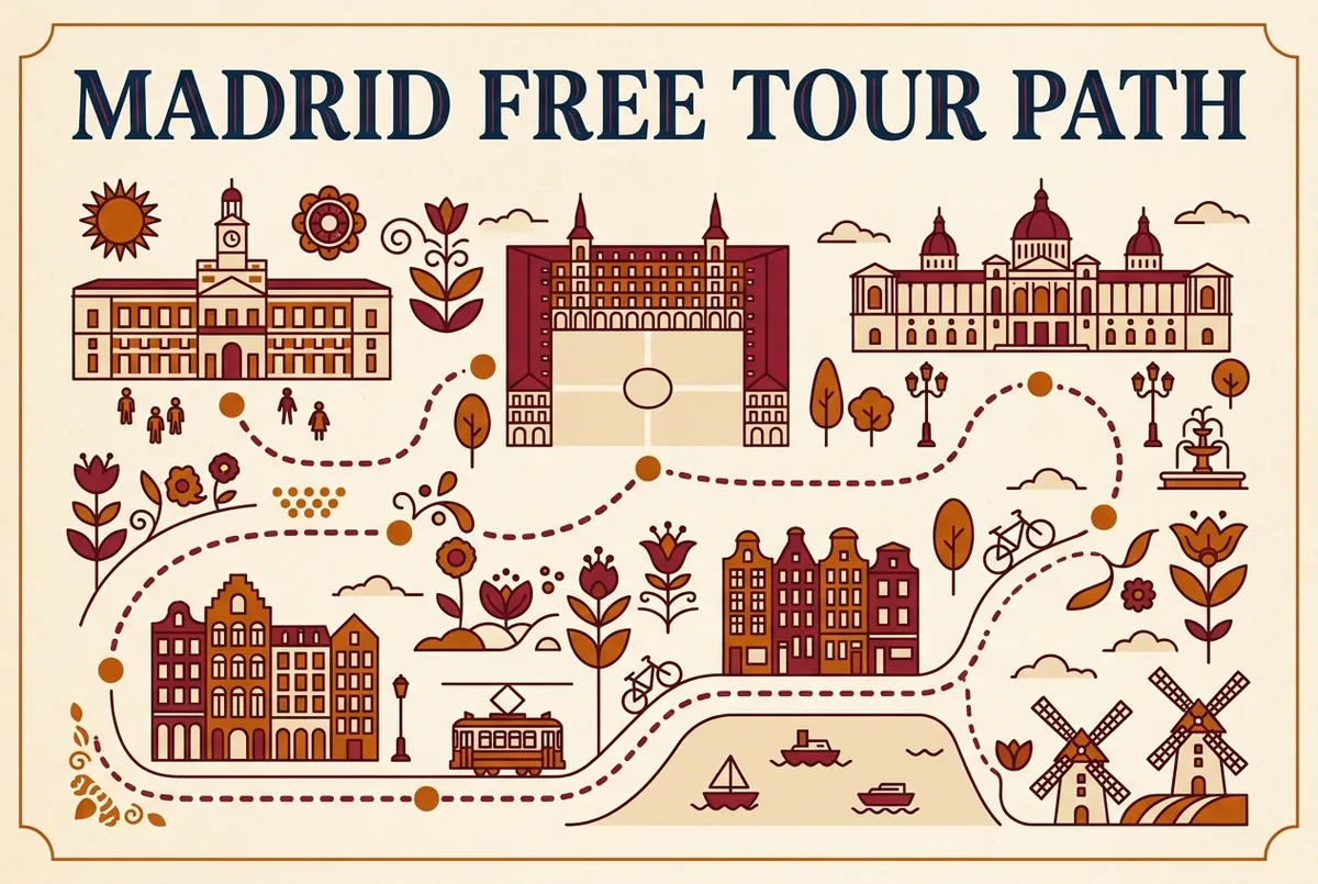 Simple route map infographic for a madrid free walking tour path through Puerta del Sol, Plaza Mayor and the Royal Palace with generic numbered stops and no prices