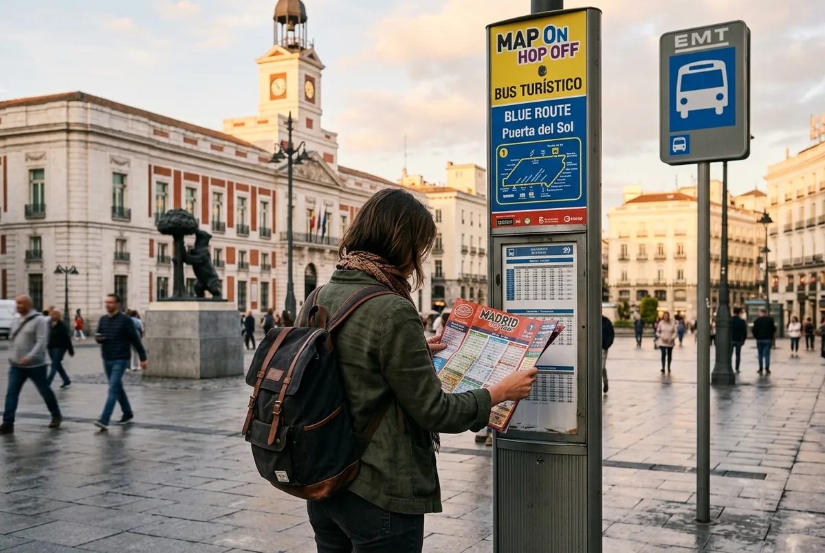 Traveler checking hop on hop off madrid hours on a printed timetable near a bus stop signpost at Puerta del Sol in early morning light