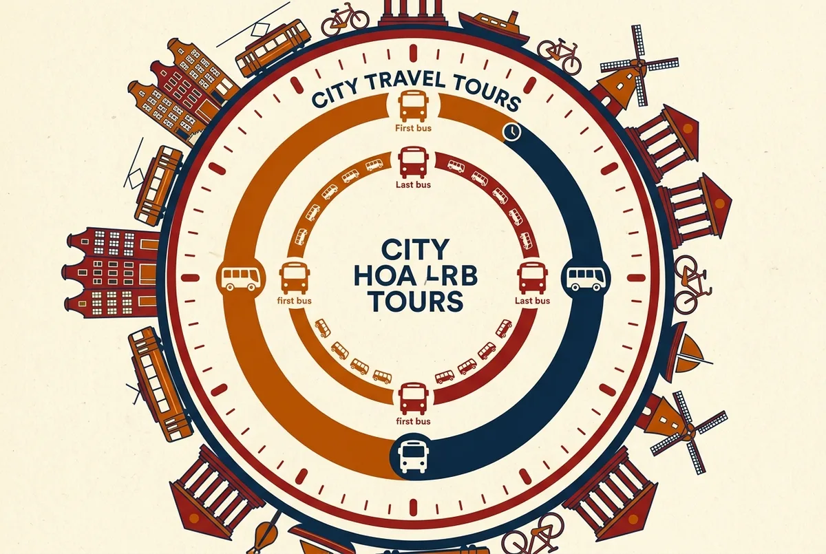 Simple infographic showing hop on hop off madrid hours as a clock face with first bus, last bus and frequency icons for summer and winter seasons