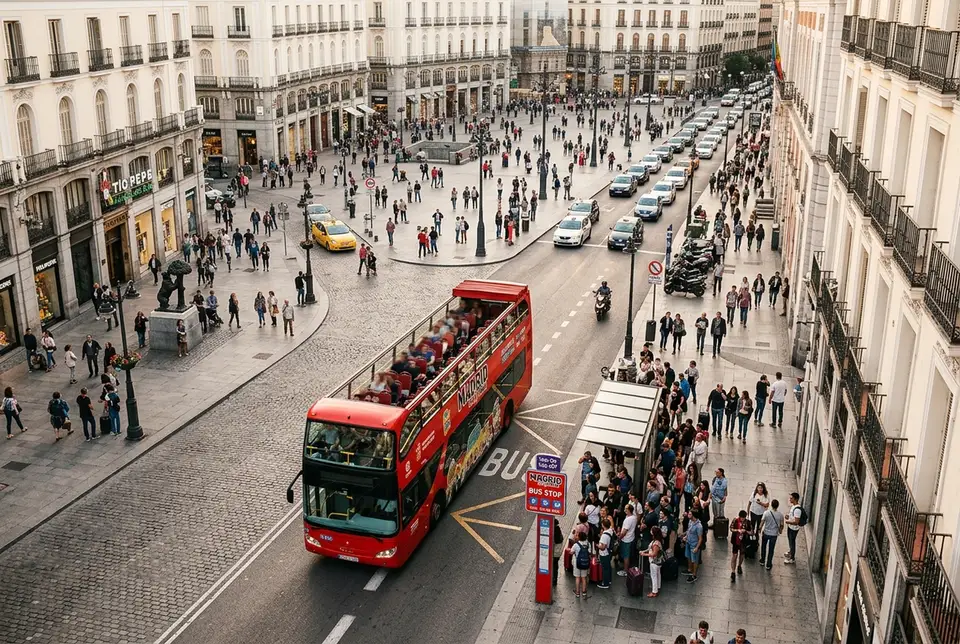 Overhead view of a madrid hop on hop off bus map style street scene with a double decker bus stop sign near Puerta del Sol