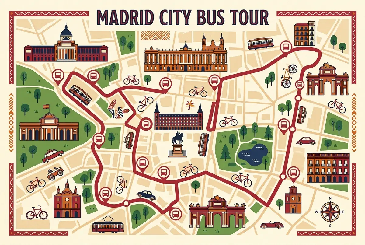 Simple schematic map of the two madrid hop on hop off bus map loops with main stops marked near Sol, Royal Palace, Prado, Retiro and Bernabeu