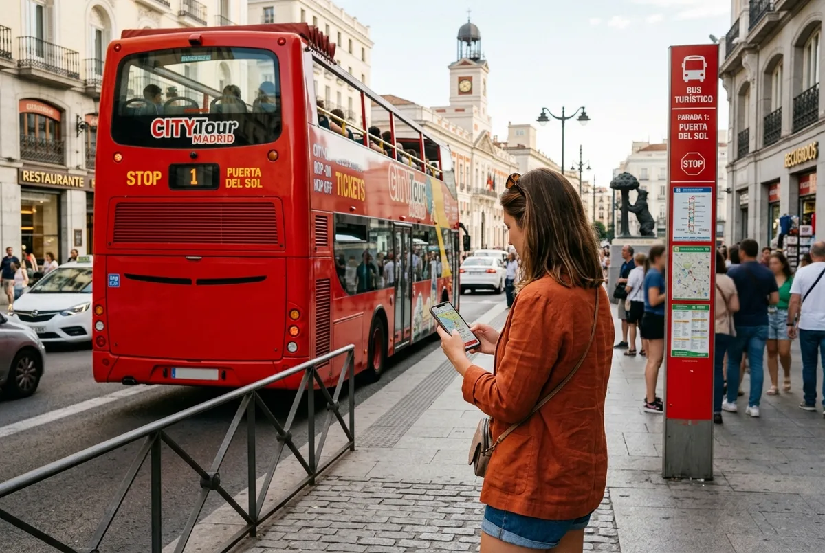 Traveler checking the madrid hop on hop off price on a phone next to a red double decker bus stop near Puerta del Sol at midday