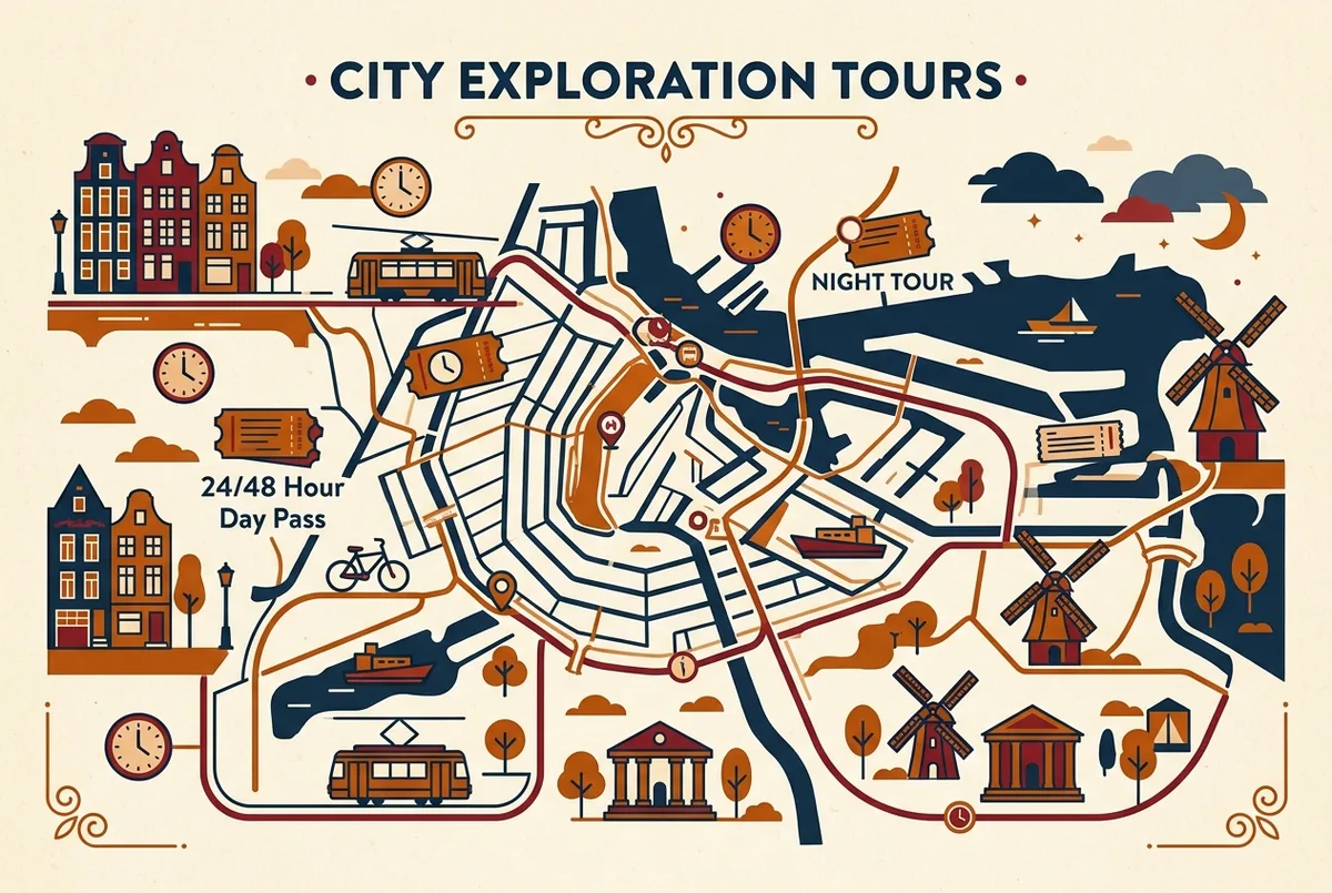 Infographic comparing the madrid hop on hop off price between the 24 or 48 hour day pass and the single loop night tour with generic clock and ticket icons