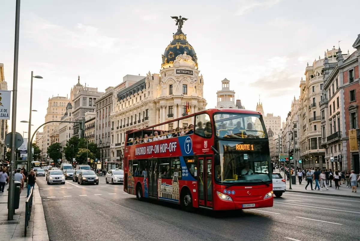 Open top madrid hop on hop off bus route passing Gran Via with the Metropolis building visible in soft afternoon light