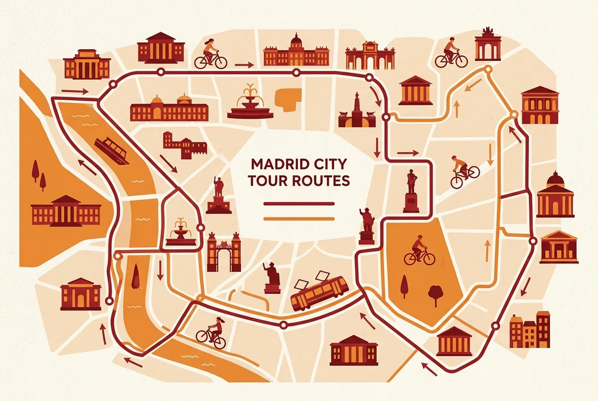 Simple route diagram comparing the historic and modern madrid hop on hop off bus route loops with generic stop icons and no text labels beyond stop names