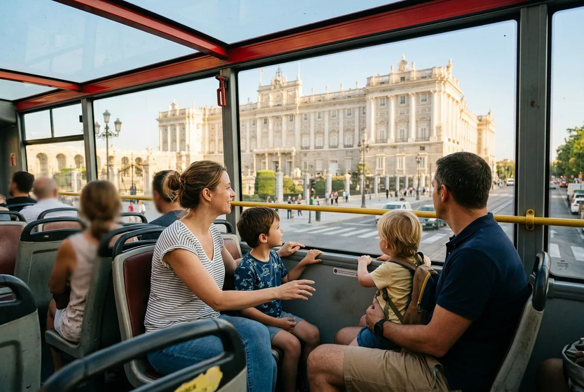 Family with two young children riding the lower deck of the madrid hop on hop off with kids bus tour past the Royal Palace