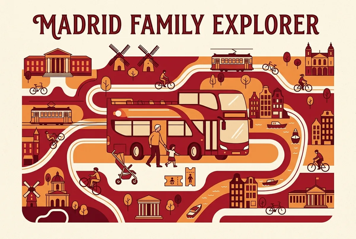 Infographic showing a madrid hop on hop off with kids family boarding the lower deck with a folded stroller next to generic child and adult ticket icons