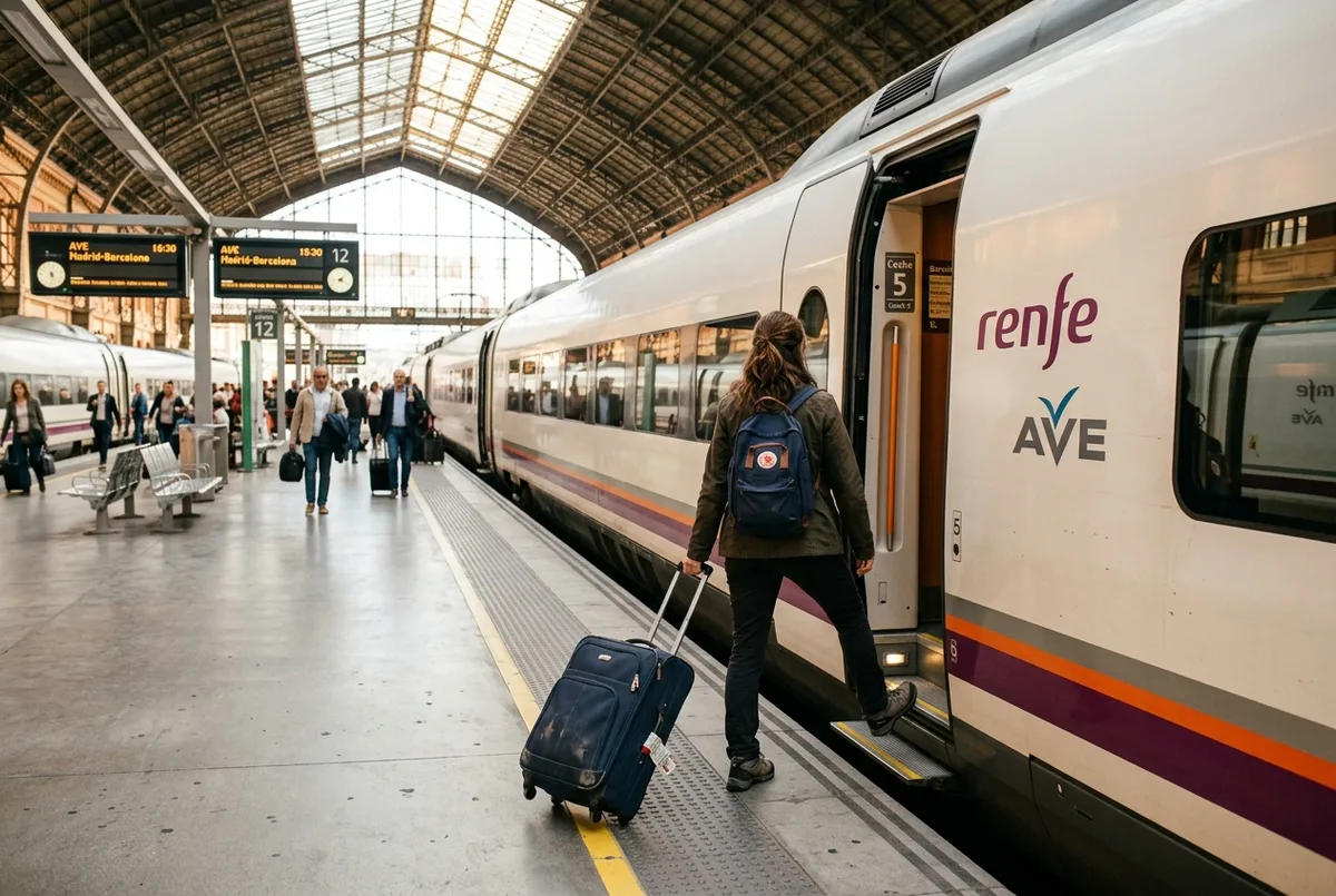 Traveler boarding a Renfe AVE high-speed train at Madrid Atocha station platform, heading out on trips from madrid to barcelona
