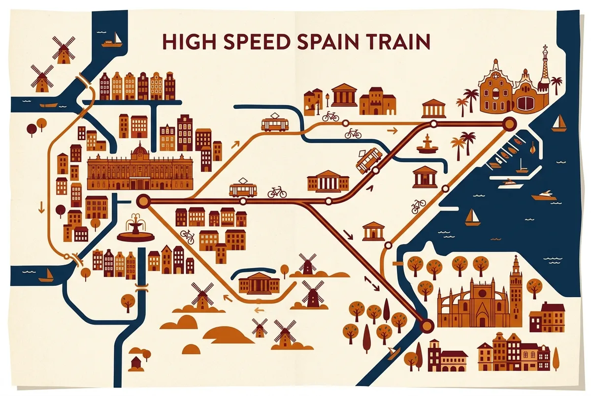 Simple route map infographic showing the Madrid to Barcelona AVE high-speed rail line with a Seville branch, generic city labels and no times or prices