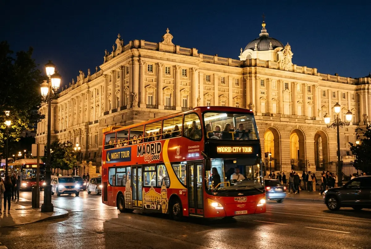 Autobus turistico descubierto de dos pisos pasando junto al Palacio Real de Madrid iluminado de noche durante el night tour madrid