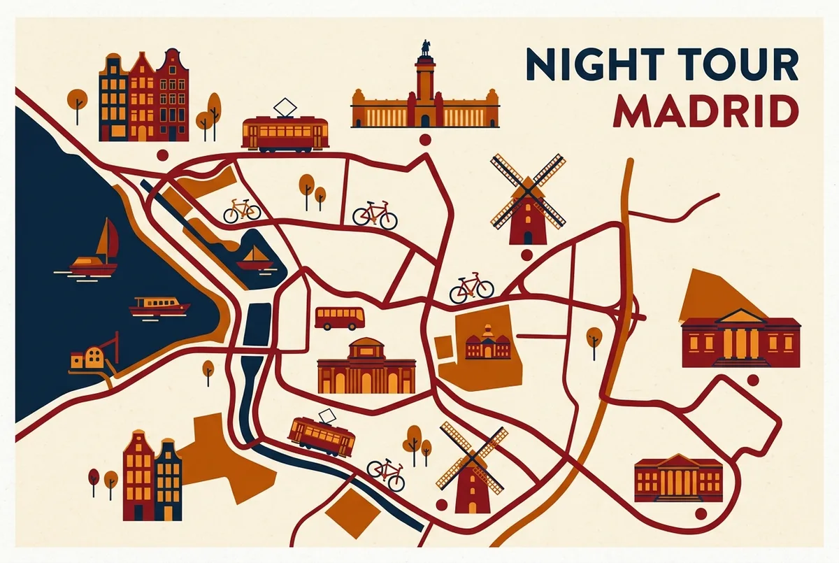 Mapa simplificado de la ruta nocturna del bus turístico de Madrid con los monumentos iluminados marcados con iconos genéricos para night tour madrid
