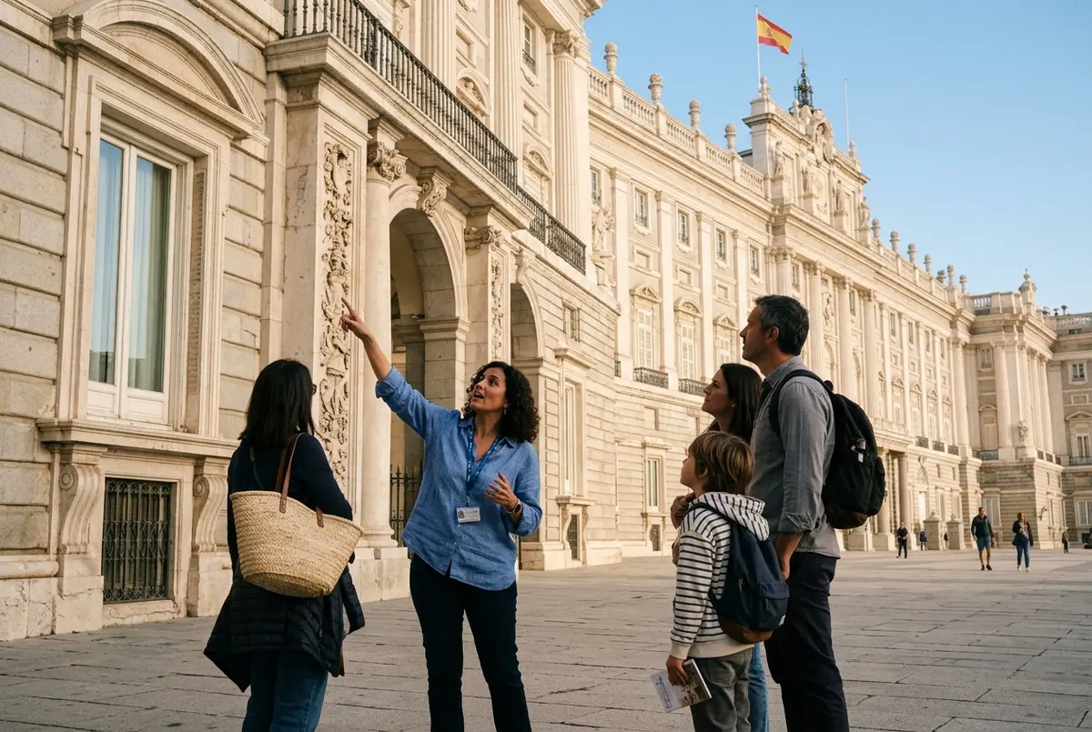Local guide pointing out a detail on the Royal Palace facade to a small family group during a private tour guide madrid morning