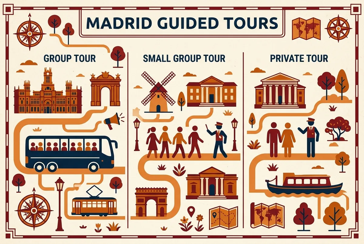 Simple comparison infographic showing madrid tour guide options, group tour, small group tour and private tour, with generic people icons and no prices