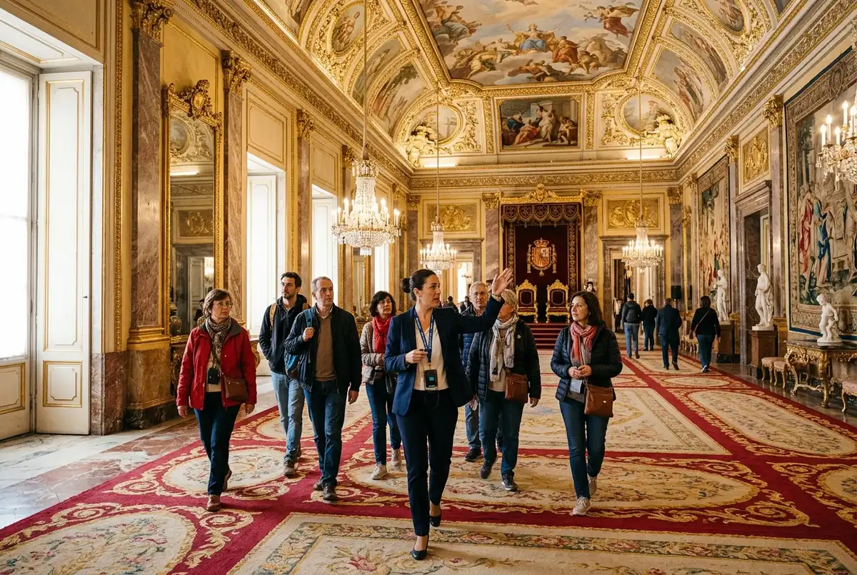 Certified guide leading a small madrid royal palace tour group of eight through a gilded state room with frescoed ceiling