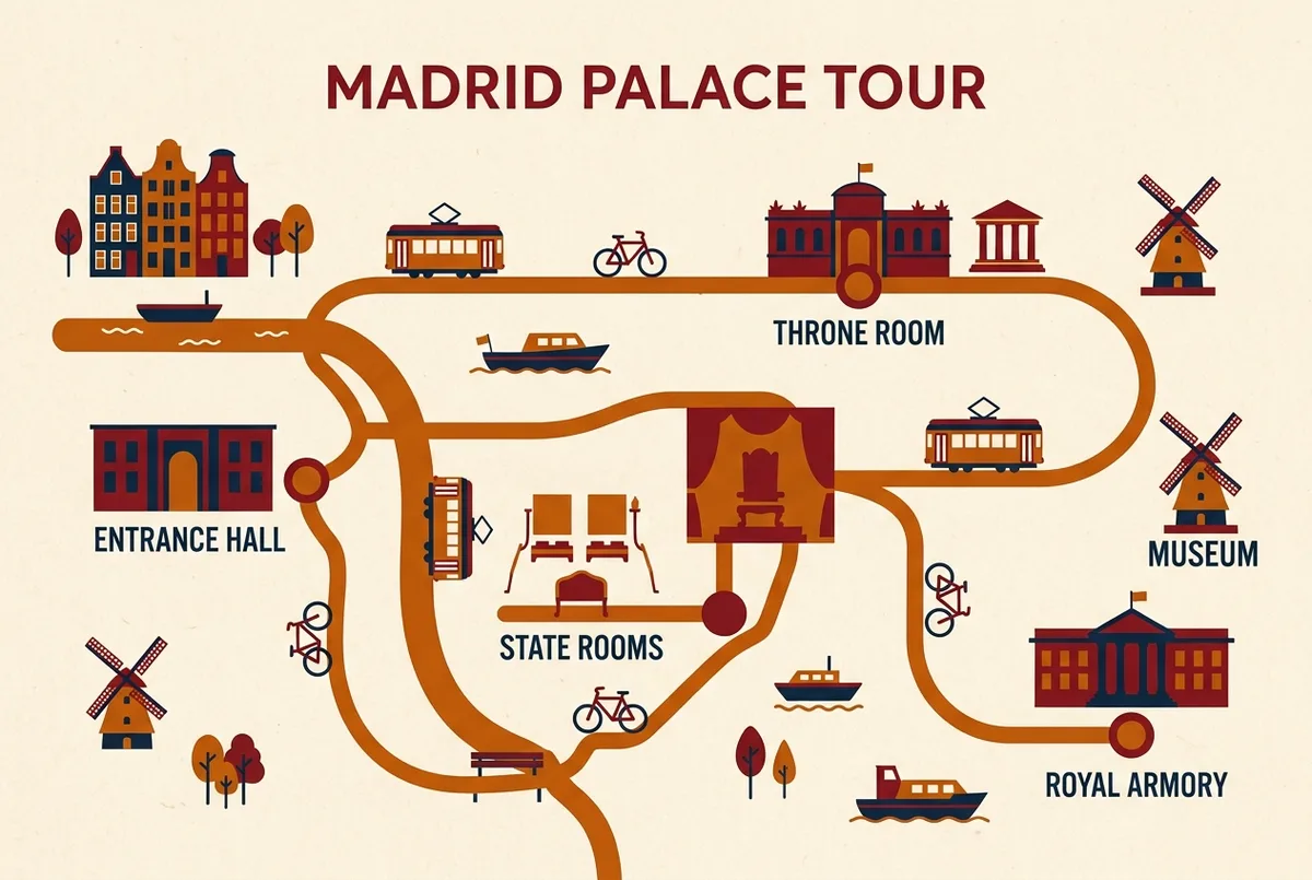Simple route map of the madrid royal palace tour showing generic stops labeled entrance hall, state rooms, throne room and royal armory