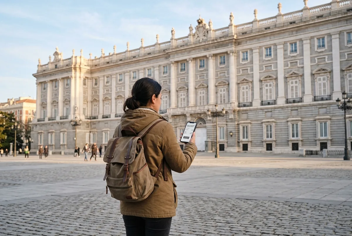 Traveler holding royal palace madrid tickets on a phone while standing before the grand facade of the Royal Palace at Plaza de Oriente in soft morning light