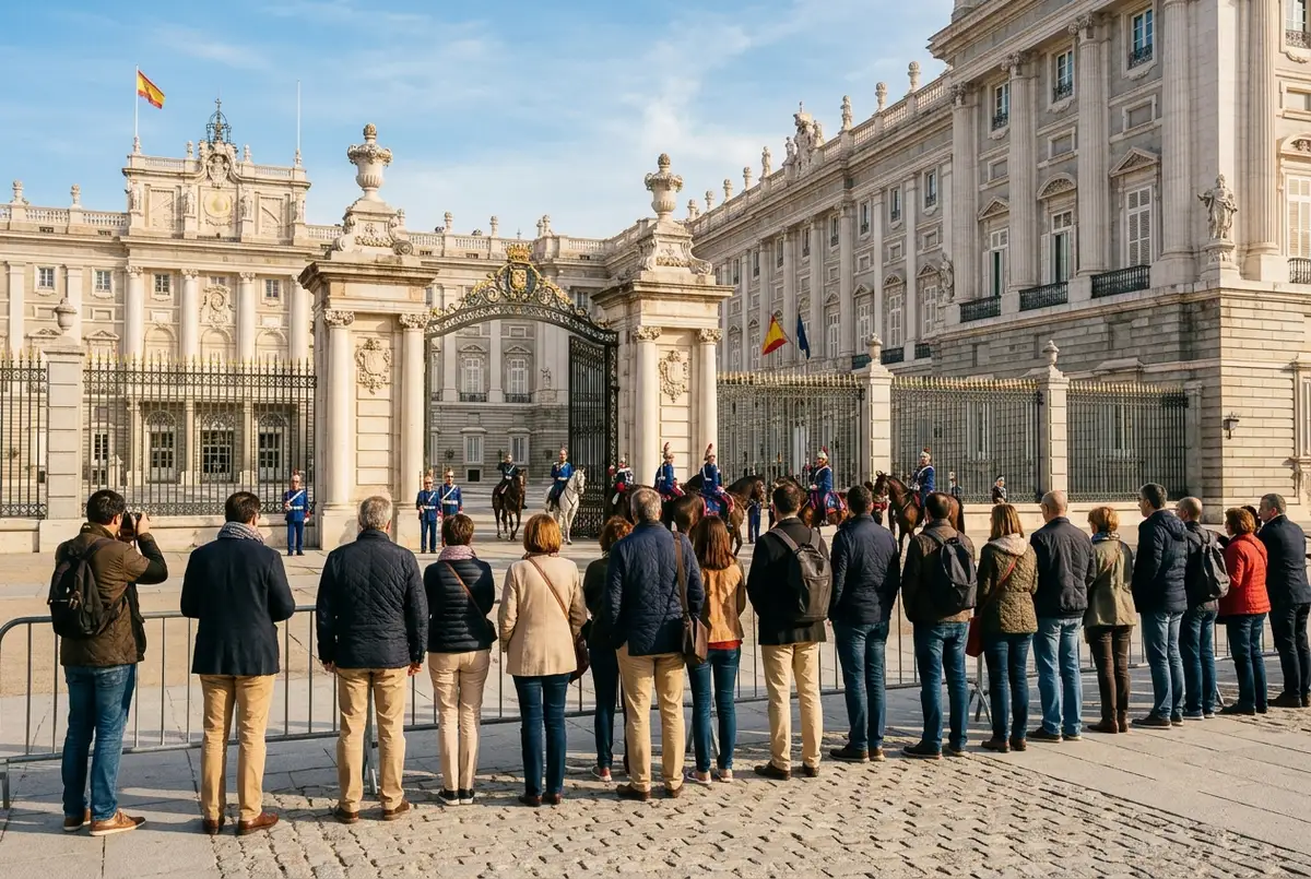 Small crowd of visitors in smart casual clothing watching the royal palace madrid changing of the guard ceremony at Puerta del Principe in morning light
