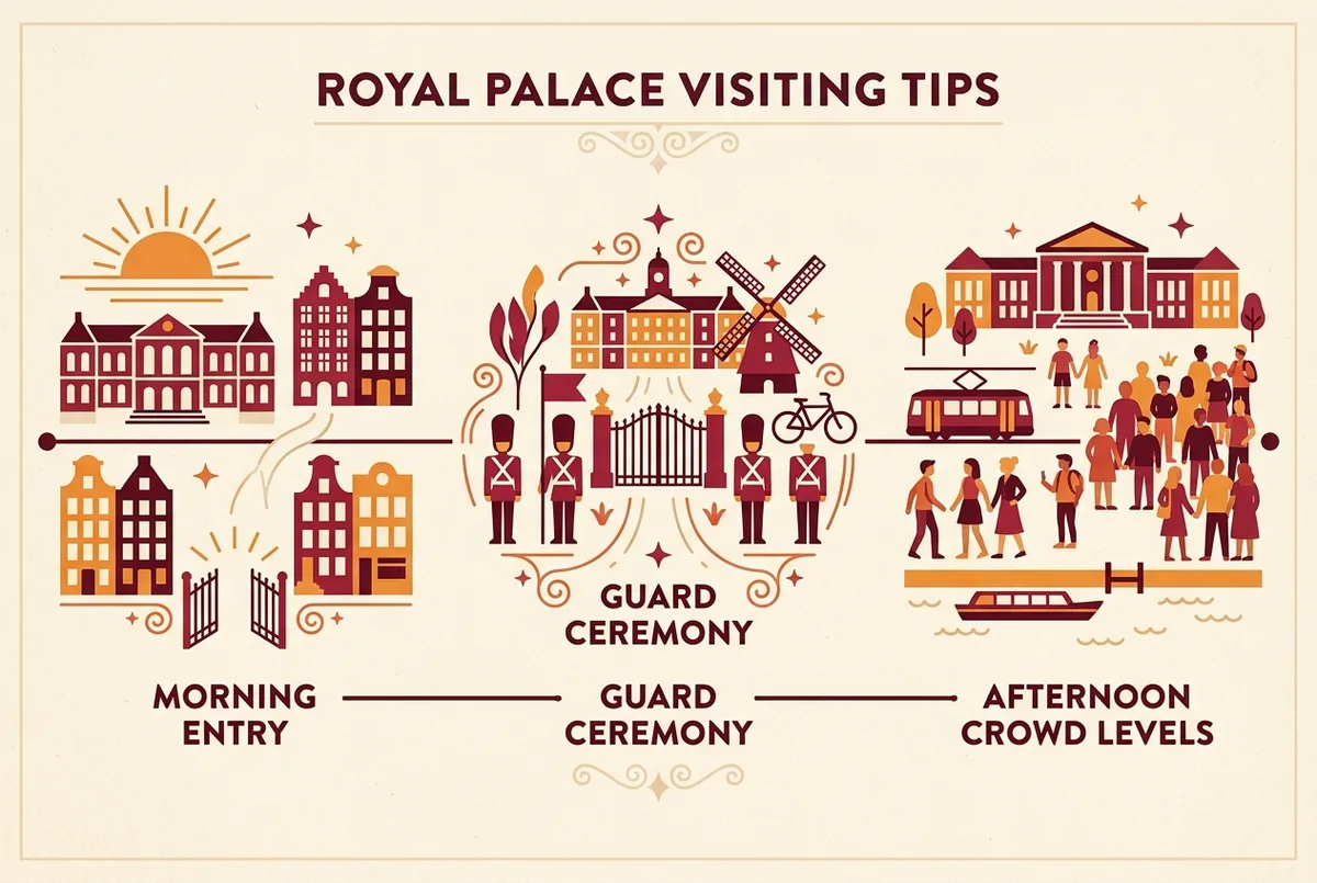 Simple infographic showing the royal palace madrid visiting tips timeline, generic icons for morning entry, guard ceremony and afternoon crowd levels