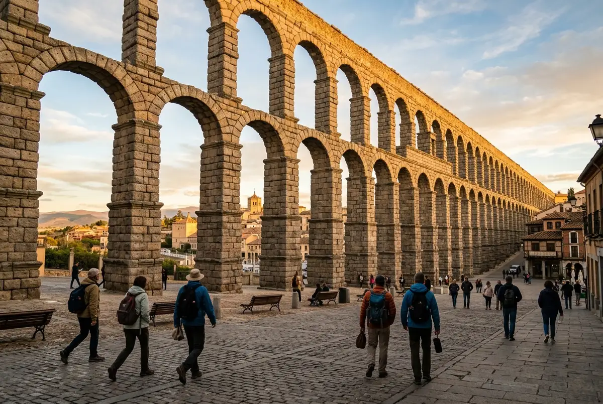 Travelers walking beneath the towering Roman aqueduct of Segovia at golden hour, the classic segovia day trip from madrid view