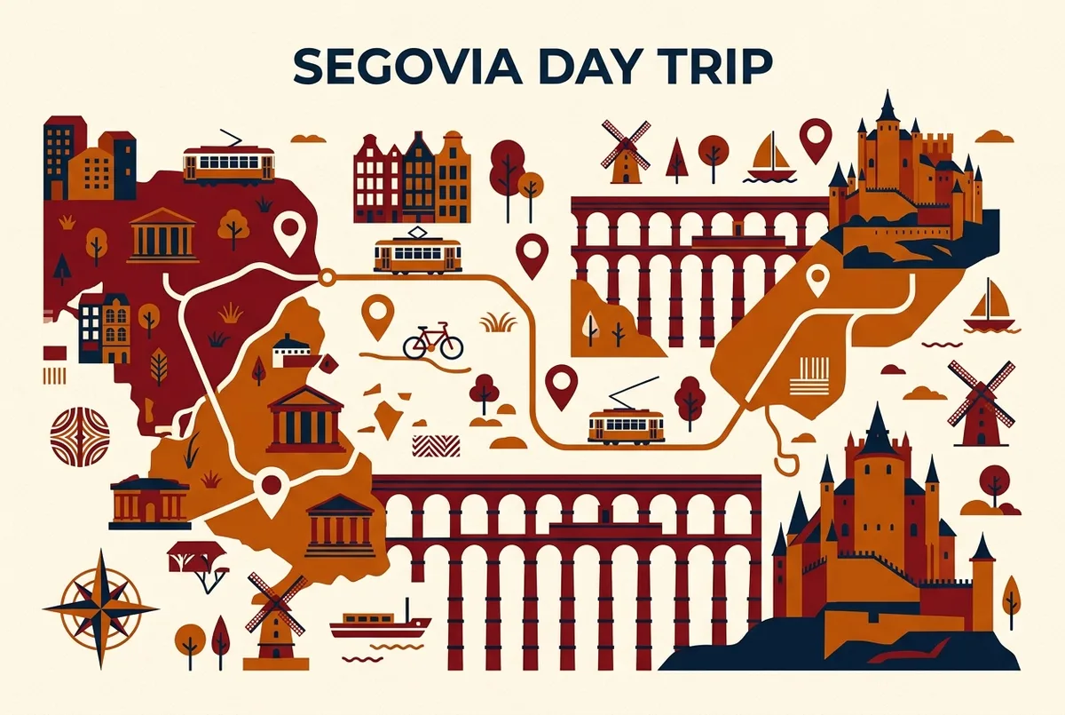 Simple route map from Madrid to Segovia marking the aqueduct and Alcazar with generic landmark pins, illustrating a segovia day trip from madrid