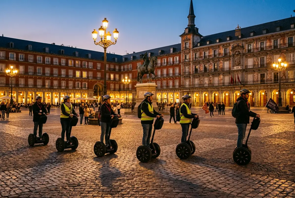 Grupo pequeño en segways eléctricos cruzando la Plaza Mayor iluminada al atardecer durante un recorrido de ghost tour madrid por el casco histórico