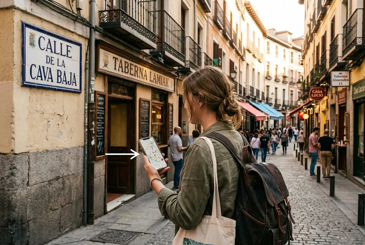 Traveler checking a phone map against the Cava Baja street sign while following a self guided walking tour madrid route through the historic core