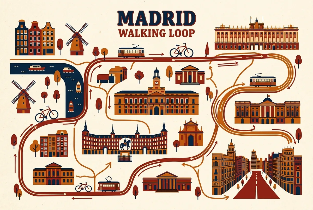 Turn by turn route map infographic for a self guided walking tour madrid loop marking Puerta del Sol, Plaza Mayor, the Royal Palace and Gran Via with generic numbered stops and no prices