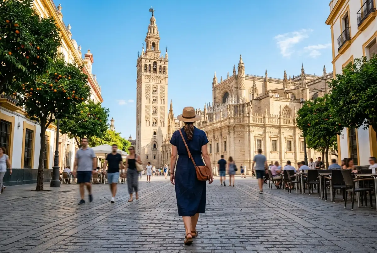 Traveler walking toward the Giralda tower and Seville Cathedral on a bright afternoon, on a day trip from madrid to seville