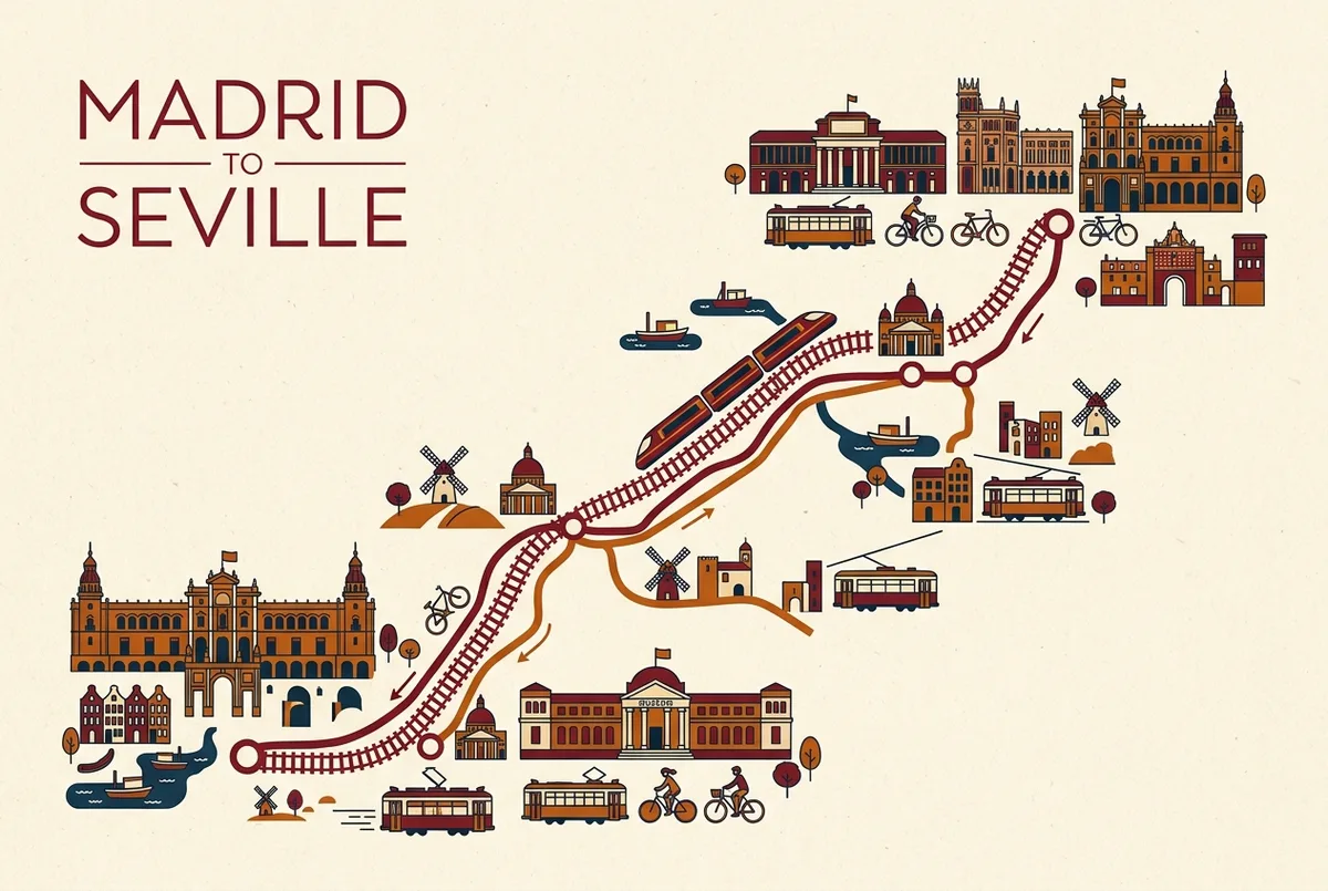 Simple route map infographic showing the Madrid to Seville AVE high-speed rail line with generic city labels and no times or prices